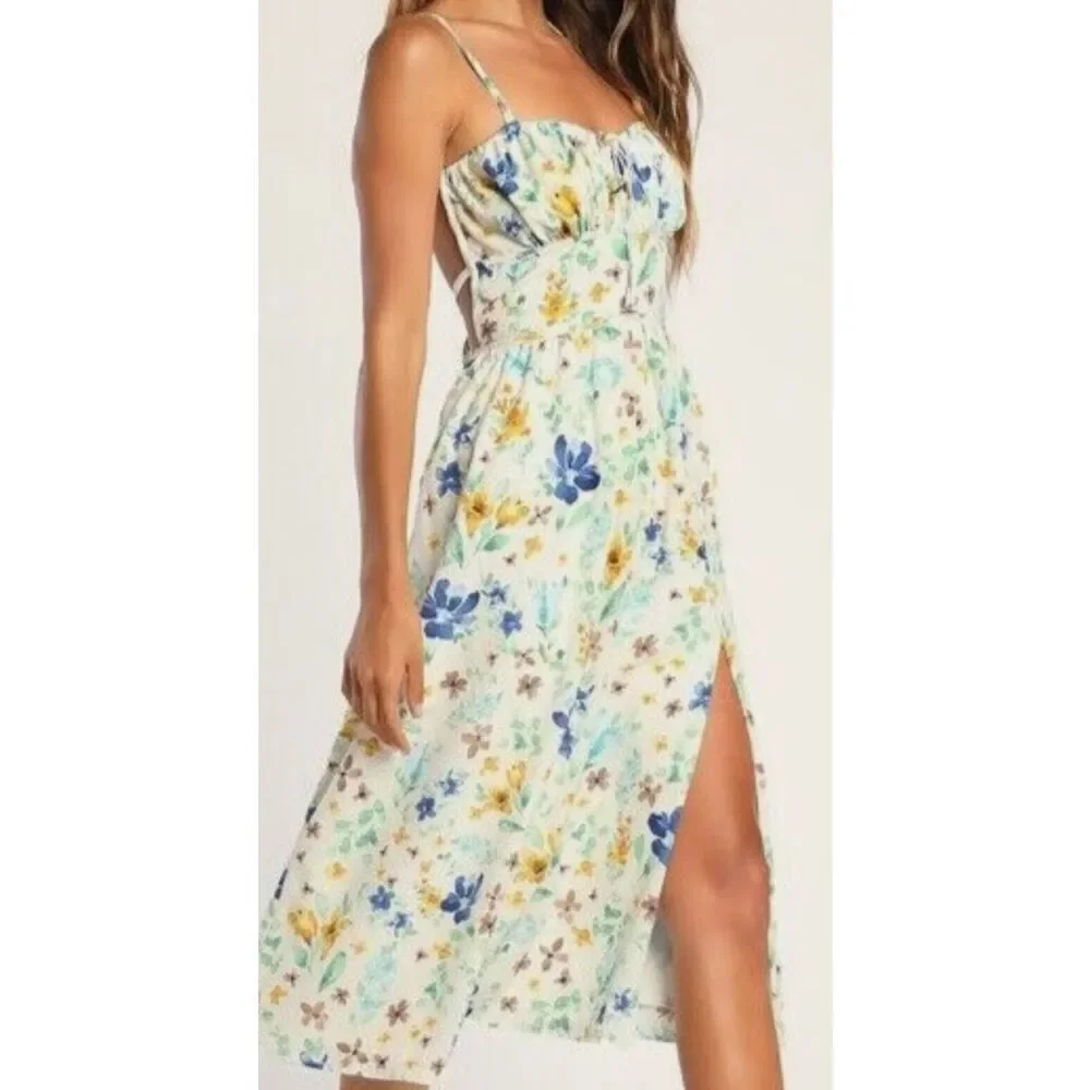 Lulus Happy Summer White Floral Print Double Tie-Back Midi Dress size xs